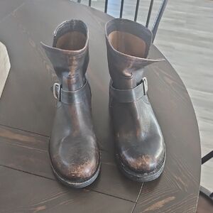 Frye Distressed Black Ankle Boots with Buckle